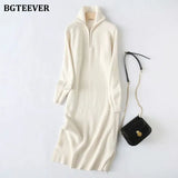 Casual Thicken Turtleneck Zippers Women Knitted Dress 2021 Autumn Winter Long Sleeve Side Split Female Sweater
