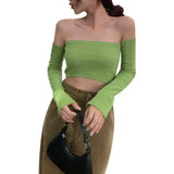 Crop Tops T-shirts, Solid Color Boat Neck Off Shoulder Sexy Tops Pullover with Long Sleeves for Summer Club Wear-Outfit