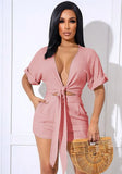 Sexy V-neck Short Sleeves Crop Top Belted Two Piece Shorts