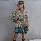 For Women Casual Wrap Patchwork Boho Bohemian Print Floral Ruffled Dress Fall Summer One-piece Clothes 2021