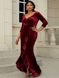 Size Ruffled Three-Quarter Sleeve High-Low Velvet
