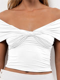 Women V-Neck Off Shoulder Tees Shirts Short Sleeve Front Knotted Ruched Solid Color T-Shirts Aesthetic Crop Tops 2024-Outfit