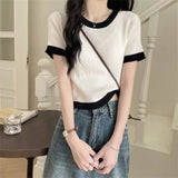 Clamming Color Splicing T-Shirts For Women's New Summer Fashion Slimming Thin-Sleeved Ice Silk Short-Sleeved Top
