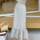 Plaid Chic Two Piece Sets Women Casual Ruffle Flounce Midi Skirt Sets Female Designer Wrap Slim Elegant Party Sets