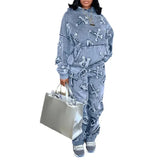 Two Piece Sets Women Hooded Print Full Sleeve Splice Denim Tops 2023 Autumn Loose Casual Long Pants Set Pockets-Outfit