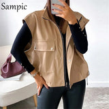 Fashion Waistcoat PU Leather Black Pocket Winter Jacket Women Tops 2020 Short Sleevless Autumn Khaki Coat Vest