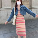 Sexy Babes Sling Dress Autumn New Color Stripe Close Waist Tight In The Long Sleeveless