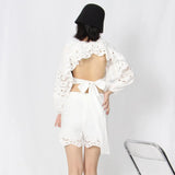 TWOTWINSTYLE Loose Two Piece Set Womens Round Neck Long Sleeve Backless Shirt High Waist Short Pants Solid Sets Female