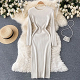 Women Autumn Knitted Dress Long Sleeve O Neck Elastic Slim Pencil Dress Korean Style Sexy Bodycon Sweater