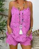 Toloer Sleeveless Drawstring Flounce Cut Out Vest Embroidered Shorts With Cotton