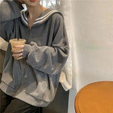 QWEEK Kawaii Black Zip Up Hoodie Women Sailor Collar Sweatshirt Japanese Streetwear Soft Girl 2021 Fashion Oversized