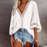 Solid Color Flare Sleeve Top For Women's New Blouse V-neck Hollowed Out Lace Patchwork Shirt Blusa Feminina