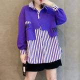 Loose Striped Patchwork Shirt Women's Clothing Turn-down Collar 2023 Spring Autumn Single-breasted Korean Casual