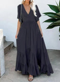 Maxi Dresses For Women Summer 2022 Loose Flounced Edge V Neck Solid Color High Waist Bohemian Beach Long