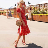 Dress Red Ladies Puff Sleeve Floral Wrap V Neck Summer Korean Fashion Print Slit One-piece Clothes For Women 2021