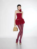 Three-Dimensional Flower Sexy Strapping Bra Two Sets Of Tight Floral Skirt Ultra-Short Skirt Dinner Skirt
