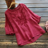 Loose Embroidery T-Shirt Woman 2025 Summer New Breathable Thin National Wind Top