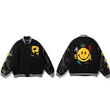 Hop Baseball Jacket Men Coats Furry Smiley Letter Embroidery Oversized Varsity Jackets PU Harajuku Bomber Jackets