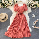 Vintage Square Collar Pleated Dress Women Spring Summer 2021 New Fashion Yellow/Blue/Red High Waist Bandage Party Vestidos
