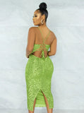 Fashion Sexy Sequins Straps Backless Slit Midi