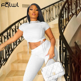 Summer Streetwear Bodycon White 2 Two Piece Sets Women Outfits Knitted Bandage Crop Top Split Trousers Fitness