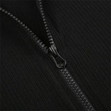 Women Black Patchwork Zipper Crop Tops Autumn Ribbed Basic Stand Collar Long Sleeve Slim Jacket Y2K Streetwear Shirts-Outfit