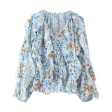Women's V-Neck Folding Trim Shirt Long-Sleeved Top Loose