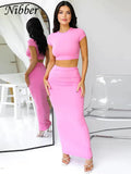 Basic Solid Casual Two Piece Set Women Hipster Short Sleeve O-neck T-shirts + Matching Hip Skirt Female Bare Midriff Suit-Outfit