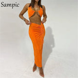 Fashion Sexy Women Summer Split Long Skirt Set 2021 Halter Skinny Orange Tops And High Waisted Skirt Suit Two Piece