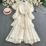 Stand-Up Single Buckle Heavy Industry Hook Flower Embroidery Lantern Sleeve With A Long Dress With A Big