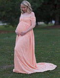 Elegant Lace Off Shoulder Mesh Maternity Long Dress 703-0-Outfit