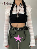 Y2K Thin Sweater Long Sleeve Cropped Top Fashion Slim O Neck Knit Crochet Pullover Women Smock Jumpers