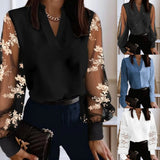 Lace Patchwork Pullover Shirt Blouse Women Spring V-neck Long Sleeve Shirts For Women 2024 Casual Black Mesh Print Blusa-Outfit