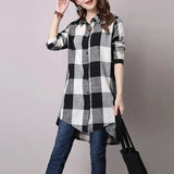 Korean Female Midi Turn-down Collar Plaid Shirt 2023 Fashion Spring Autumn Young Style Single-breasted Long Sleeve Blouse-Outfit