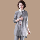 Striped Cotton Long-Sleeved Ladies' Shirt Korean Version Loose Shirt Embroidered Large Size Medium-Length Blouse-Outfit