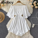 Slash Neck Jumpsuits Shorts Casual Summer Women Overalls Solid Ruffles Playsuits 2022 Sexy Ruffles