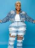 Plus Size Fashion Blue Turn Down Collar Long Sleeve Ribbed Tassels Jeans