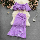 Women Red/Purple/Black Polka Dot Two Piece Set Summer Sexy Ruffle Short Drawstring Tops + High Waist Irregular Skirt 2pcs