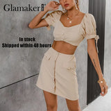 Office ladies A-line two piece suits Puff sleeve top and pocket slim mini skirt Summer Square collar casual sets