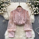 Retro Style Advanced Bubble Sleeve Shirt Autumn Net Embroidery Design Light Extravagant Socialite Temperament Blouse-Outfit