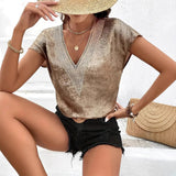 Lace V-Neck T-Shirt With Vertebry Loose Short-Sleeved Topess Commuting Style Women's