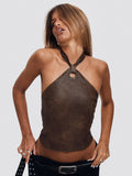 Retro Brown Leather Ring Decoration Hanging Neck Vest Sexy Back Strap Strap Short