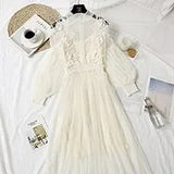 Stand-Neck Long Sleeve Party Dresses Women Solid Sweet Mesh Streetwear Mid-Calf Female Eleglant Summer Lace Dress