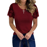 Shirts for Women Casual Summer O Neck Short Sleeve Tops Lace Patchwork Design Slim Fit Pullovers Top 2021 Blusa