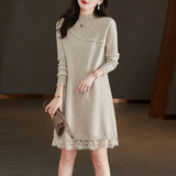 And Winter Knitted Dress Women's Casual Lace Sweater Skirt Medium-Length Semi-High Collar Bottom Sweater Girl-Outfit