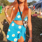 Floral Crochet Crop Cami Top and High Waist Split Skirt Summer Knitted Suit Beach Vacation Two Piece Set Women