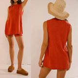 Women's Knitted Set Sleeveless Crew Neck High Slit Pullover Tank Tops with Elastic Waist Skinny Shorts Summer Outfits-Outfit