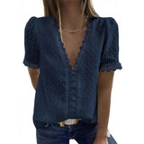 Patchwork V-neck Solid Women Chiffon Blouse Short Puff Sleeve Loose Ladies Blouses Summer Casual Female Tops 2021