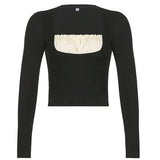 y2k Frill Crop Top Bow Cute T Shirt Patched Black Full Sleeve Pullovers Retro Grunge Fairycore Korean Tee Women