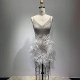 New Sexy Sling With Bra Feathers Spliced Super Short Skirt Stage Performance